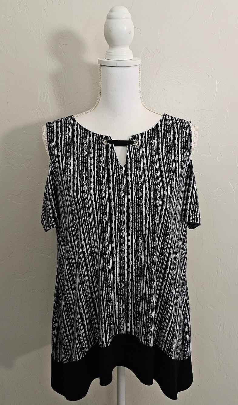 Rafaella Black Striped Cold Shoulder Blouse